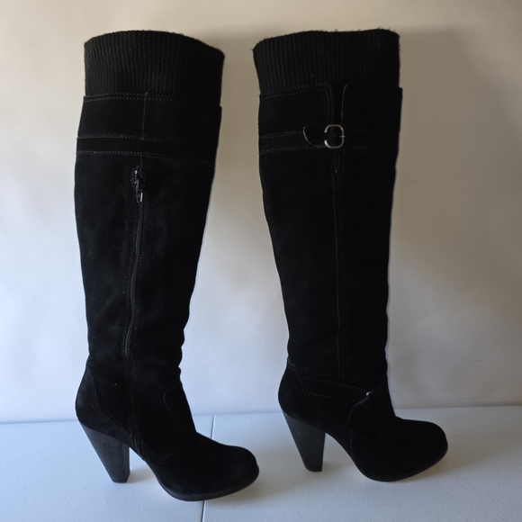 Seychelles Black Suede Knee-High Boots Size 8.5 Stacked Heel Side Zip Knit Cuff - Picture 2 of 14